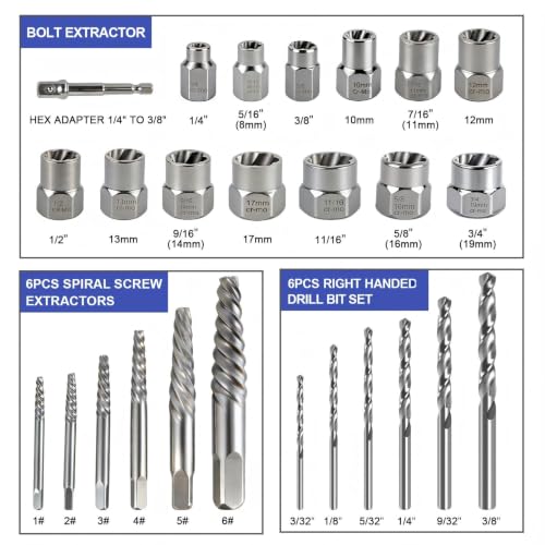 26 Pcs Damaged Screw & Bolt Extractor Set, Stripped Bolt Remover Kit