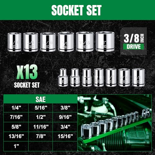 SK 3/8" Drive Socket Set, SAE Sockets, 13-Piece, 1/4" to 1" Shalllow