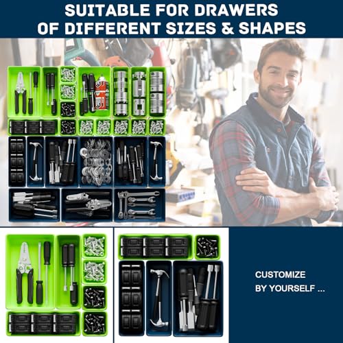 47pcs Tool Box Organizer, Tool Drawer Organizer Trays with Non-slip EVA Pads – Interlocking Divider Set, Fit Garage Storage Desk Drawers & Rooling Tool Cart (Blue & Green 47PCS) Blue & Green 47PCS