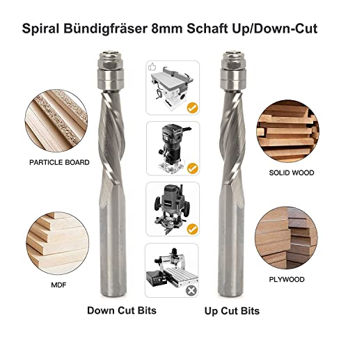 Solid carbide spiral flush cutter, upcut, diameter 8 mm, NL 28.6 mm, shaft 8 mm | 2 ball bearings ensure precise template guidance. Upcut spiral improves chip removal and milling performance. 8x28mm