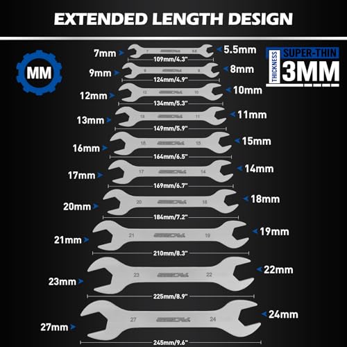 19-Piece Super Thin Open-End Wrench Set, SAE 1/4"-1-1/16" & Metric 5.5–27 mm, 3 mm Thickness Slim Wrench Set for Tight Spaces, Nickel Plated Flat Wrenches with Red & Blue Rolling Storage Pouches 19-Pc MM/SAE (3mm Super Thin)