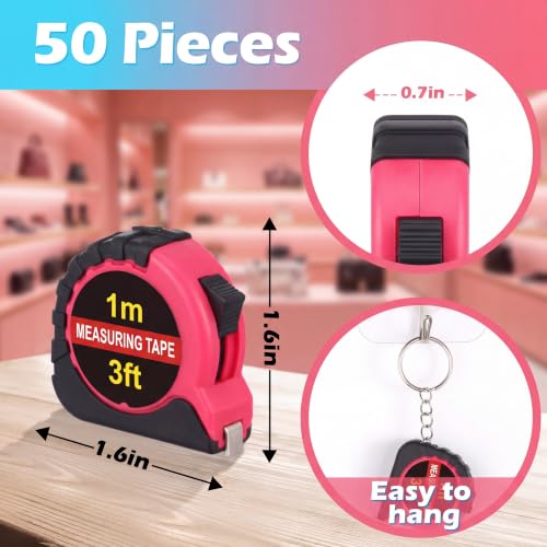 Kanayu 50 Pcs Pcs Mini Measuring Tape with Keychain, 3 ft, Rose Pink