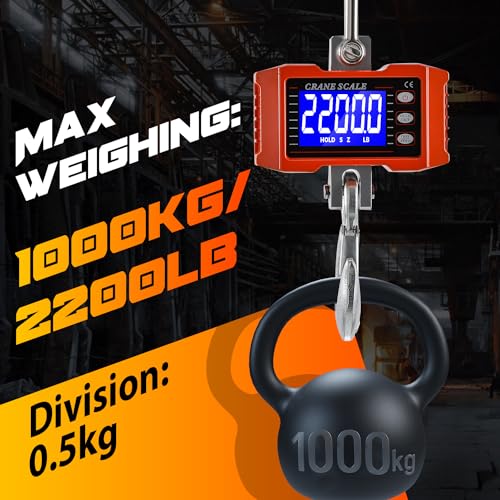 CGOLDENWALL Digital Crane Scale 2200lb Hanging Scale with Switchable kg/lb Display - ideal for Farms, Hunting and Livestock 1000kg