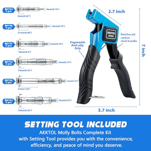 AKKTOL Molly Bolts for Drywall & Plaster Walls (0.12"-1.28"), Easy to Use with Setting Tool, 36 PCS Heavy-Duty Hollow Wall Anchors in 6 Sizes, Holds Up to 65 LBs, Includes Storage Box