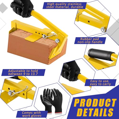 Adjustable Heavy Duty Brick Tongs Set Heavy Duty Block Tongs with Rubber Pad Handle and Work Gloves Adjustable 9-13.7 Inches Paver Tool for Bricks Lifting Carrying (Yellow) Yellow