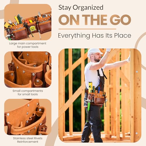 Ap-Leather Real cowhide oil tanned Leather Tool Belt framer Set for Men Carpenters, Framers,Construction Work (Leather Tool Belt with Suspender Maroon) (Maroon Tool Belt) Maroon Tool Belt