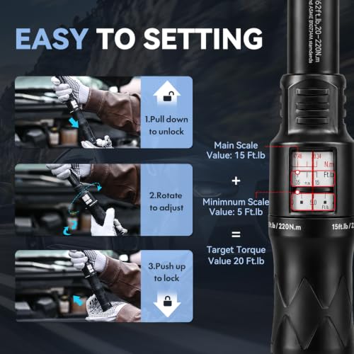 1/2-Inch Drive Click Torque Wrench 20-220 Nm (14.8-162.3 ft-lb) ±2.5% High Accuracy Precision 72-Tooth Fits Cars, Motorcycles & Bicycles Includes 1/2" Adapter& 5” Extension Rod Black 20-220Nm/14.8-162.3ft-lb