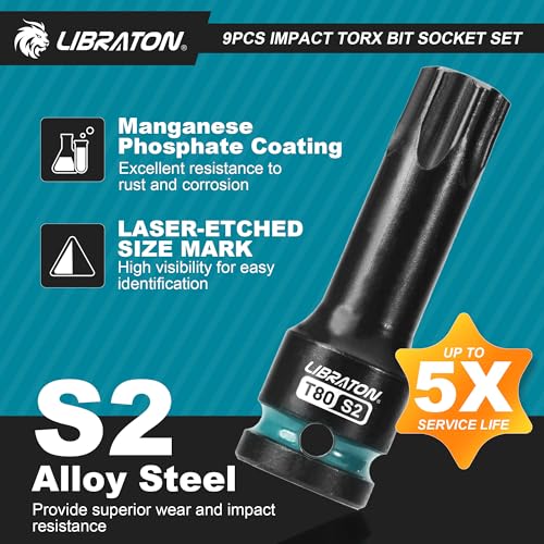 LIBRATON Impact Torx Bit Socket Set, 1/2" Drive, S2 Steel, T30-T80, 9PCS 9PCS Torx