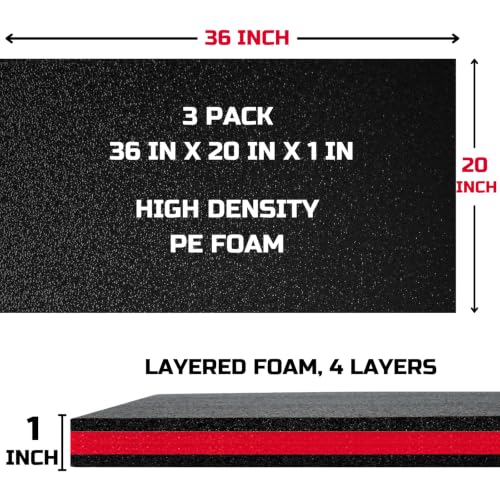 ONREVA Tool Box Foam Organizer 36x20x1 inch 3Pack, Kaizen Sheets for Pro Tool Control, Custom Tool Shadow Inserts for Cases & Drawers, High Density Polyethylene Foam, Black with Red