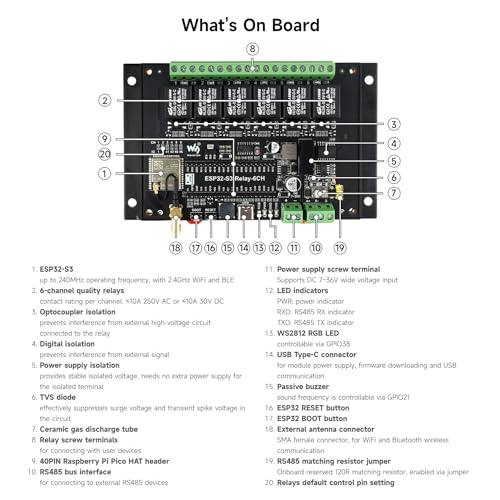 Waveshare Industrial 6-Channel ESP32-S3 WiFi Relay Module, Onboard RS485/Pico Hat Interfaces, with Multiple Insulation Protection Circuits, Industrial-Grade, Rail-Mount Case