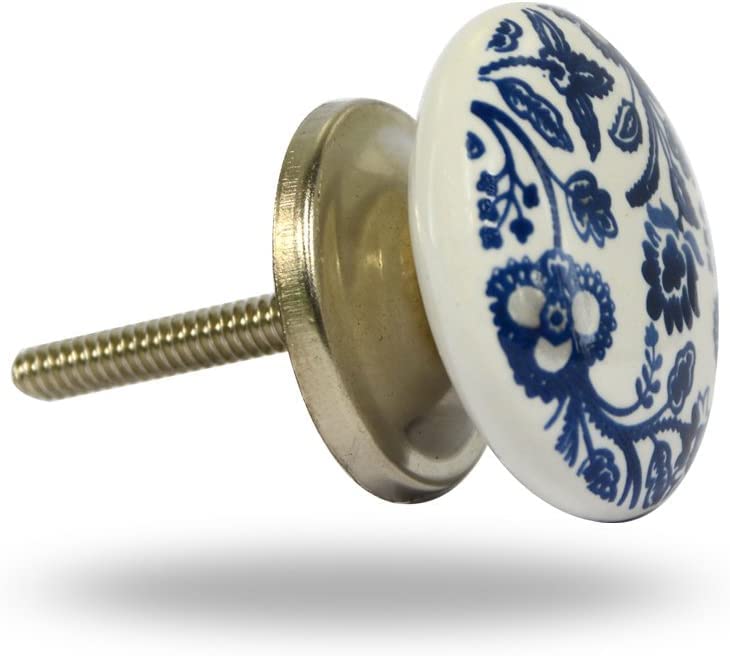 TRINCA-FERRO Set of 6 Ceramic Round Handmade White and Blue Floral Knob for Cabinets Dresser Drawers Laundry Room Closet Doors Knobs for Interior/Exterior | Office | Bedroom | Bathroom | Kitchen | Beckenham