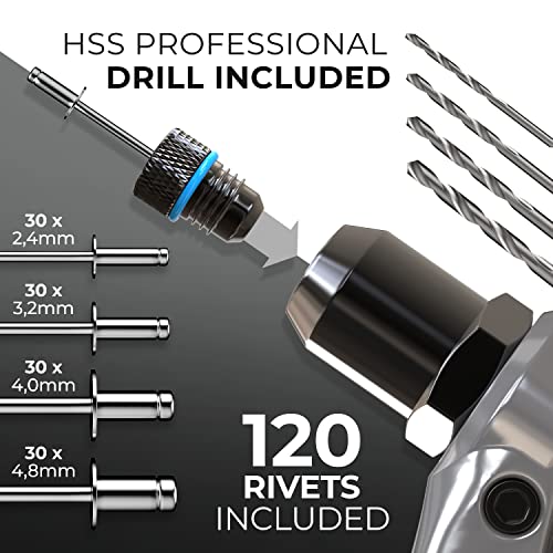 KLRStec Professional Rivet Gun & Rivet Assortment Bundle | Rivet Tool Kit with 120 Pop Rivets, 4 HSS Drills & 500pcs Aluminum Rivets (3/64“ 1/8“ 5/32“ 3/16“) | Complete Set for Blind Rivet Processing