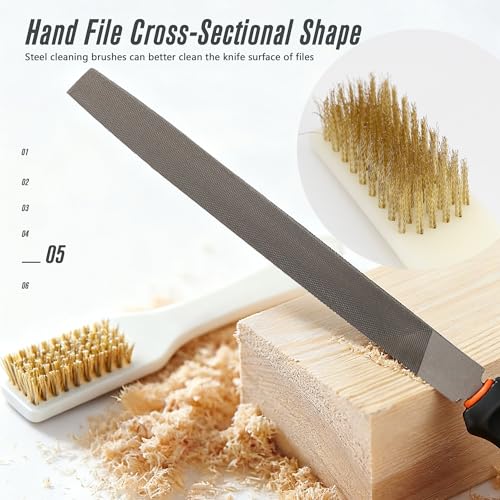 19Pcs Hand Metal File Set 4Pcs Flat/Triangle/Half-Round/Round T12 Carbon Steel Files with 14pcs Needle Files, 1 Steel Brush for Shaping Metal Wood Model and Tools