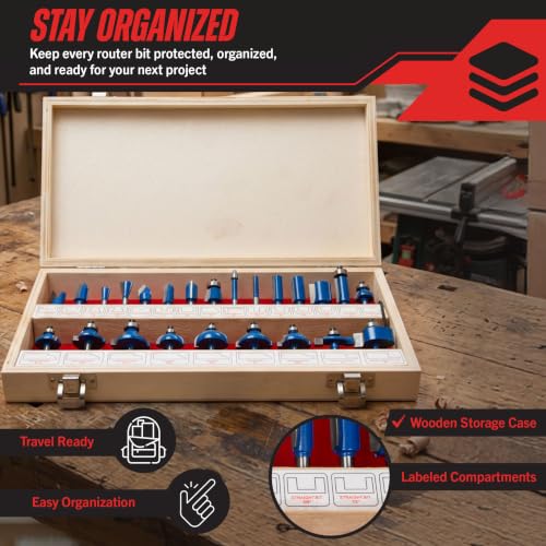 24-Piece Router Bit Set - Wood Routers Kit with 0.25-Inch Shank and Wooden Storage Case - Woodworking Tools for Home Improvements and DIY by Stalwart