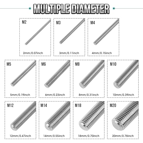 2Pcs Fully Threaded Rod & Studs, M20 x 200mm Long Threaded Screw, 2.5mm Thread Pitch, 304 Stainless Steel Right Hand Thread Bar Studs for Furniture Machinery Assembly