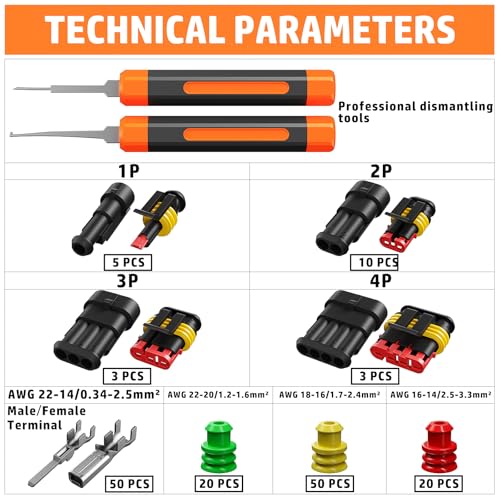 PEBA Waterproof Automotive Electrical Connector Kit, 1-4 Pin & Crimper Tool 1–4 Pin Waterproof Connectors - 2 Tools