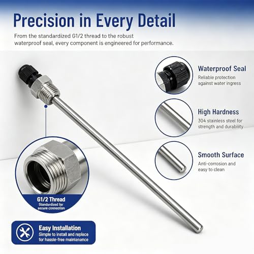 Immersion Sleeves G1/2 Inch, Pack of 2 Stainless Steel Immersion Sleeves for Temperature Sensors | Immersion sleeves for temperature sensors and thermocouples, 200 mm