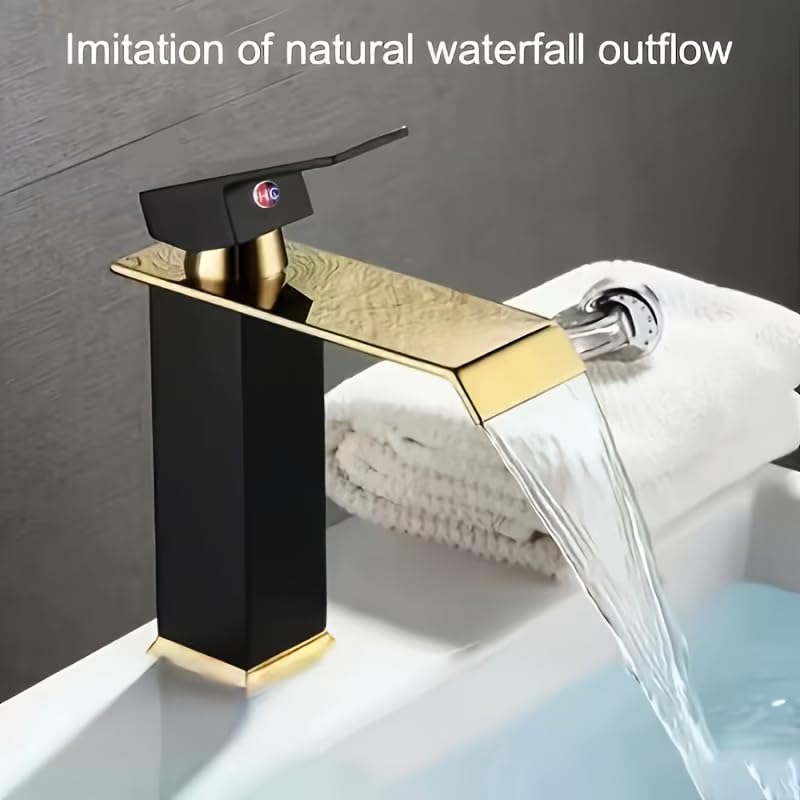 Luxury Waterfall Bathroom Sink Faucet, Matte Black & Gold Finish Single Hole Deck Mount Tap, 304 Stainless Steel Modern Basin Mixer with Ceramic Valve, Water-Saving Waterfall Spout