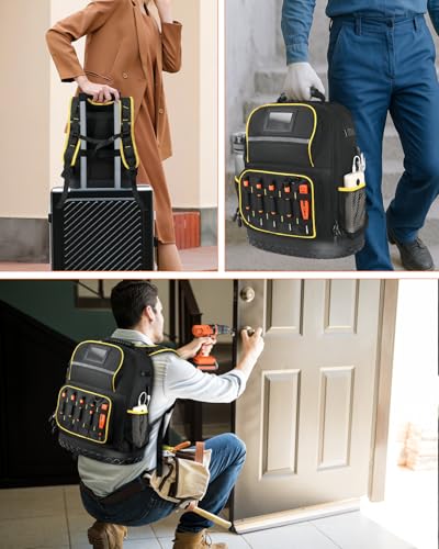 Heavy Duty Tool Backpack with Laptop Compartment, Hard Bottom & Tool Pouch Durable Electrician Tool Bag Organizer with Multiple Pockets, USB Port, Water Bottle Holders, HVAC Work Backpack for Men