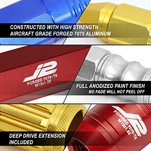 J2 Engineering 7075 Aluminum M12 x 1.25 20 Pcs 50mm Open End Lug Nut Set w/Adapter Red fit Vehicles with 4 or 5 Lug M12x1.25 Threads