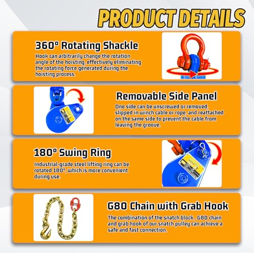 4 Pcs 304 Stainless Steel Square U-Bolts with Washers & Nuts+2 Ton Snatch Block with Chain and Swivel Shackle