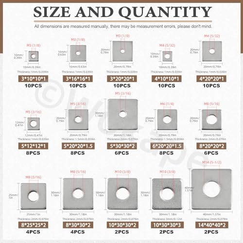 100Pcs Square Washer Kit M3 M4 M5 M6 M8 M10 M14(1/8" 1-1/2" 3/16" 1/4" 5/16" 3/8" 5-1/2") 304 Stainless Steel Rectangular Plate Washers, Square Flat Washers with Round Hole for Bolts/Nuts