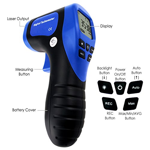 Touchless Tachometer Handheld Digital Laser Speedometer, 2.5-99999 RPM, Record (60 Data) / MAX/MIN/AVG Function, ± 0.02% + 1 Digital Accuracy, Speedometer Tachometer. Meter Display Portable tachometer