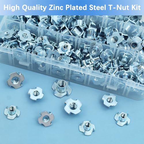 T Nuts 1/4"-20, 5/16"-18, 3/8"-16, Jovlalis 160 pcs Zinc Plated Steel T-Nut 4 Pronged Tee Blind Nuts Assortment Kit for Wood, Rock Climbing Holds, Cabinetry, Furniture Zinc Plated Steel T-Nuts