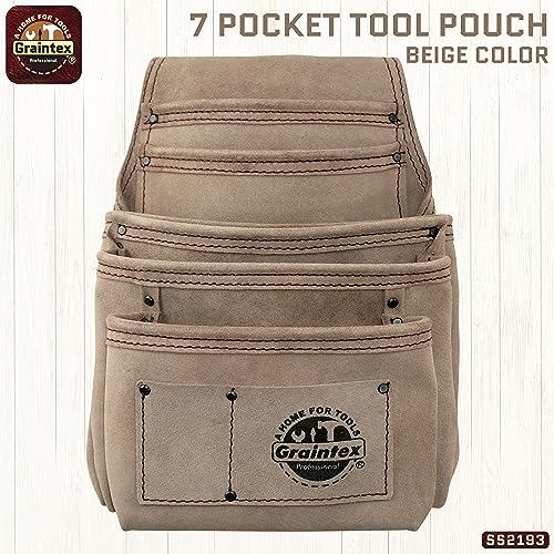 Graintex 7 Pocket Nail & Tool Pouch, Suede Leather Tool Bag, Tool Belt for Constructors, Electricians, Handymen, HVAC Tools, Professional Organizer with Adjustable Fit Beige