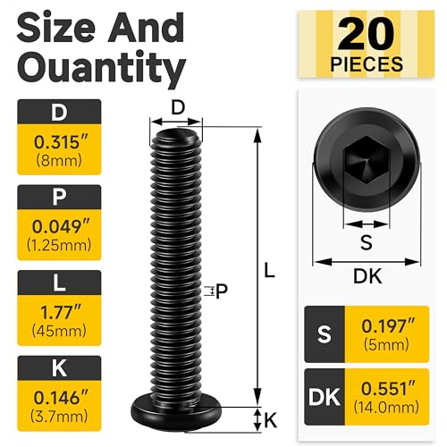 Mywish M8 x 45mm 20Pcs Flat Head Hex Socket Cap Screws Bolts & 20 Sets Assortment Kit 1/4-20 x 2 Button Head Socket Cap Bolts, 304 Stainless Steel Bolts Assortment, Black Oxide & Hex Spanner
