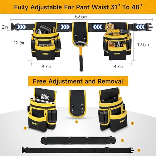 2 in 1 Magnetic Tool Belt Pouch Bag with Drill Holster,27-Pockets Heavy Duty Tool Belts for Men,Work Belts with Impact Holster for Electrician,Carpenter,Construction,Utility Belt,Yellow