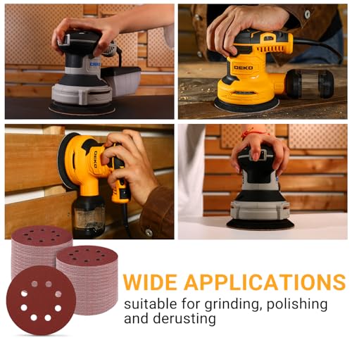 Sandpaper Sanding Discs Set: DEKOPRO 150 PCS 5 Inch 8-Hole Sandpaper Include 60,80,100,120,150,180,240,320,400 Grit for Random Orbital Sander