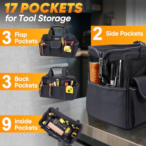 TICONN Heavy Duty Tool Bag Organizer, Portable Tool Box with Shoulder Strap 16" Standard Base Black