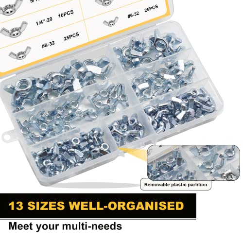 Siptenk 200PCS Metric & SAE Wing Nuts Assortment Kit M3-M12 6-32 to 3/8"-16 200 SAE & Metric