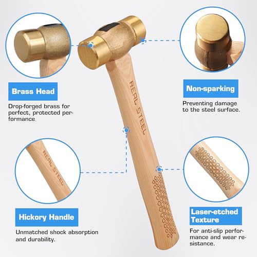 REAL STEEL Drop Forged Solid Brass Non-Sparking Hammer 20 Oz, Hickory Wood Handle 0421
