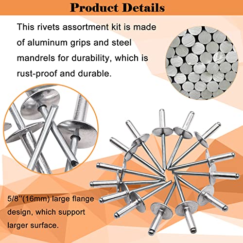 90pcs Aluminum Large Flange Blind Rivets,3/16" x 5/8", Flange Diameter 5/8" (16 mm), Pop Rivets Assortment Kit Blind Rivet by Bolt Dropper, Grip Range(8-12mm)