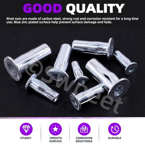 Swpeet 34Pcs 4 Sizes M4 M5 M6 M8 Metric Carbon Steel White Zinc-Plated Multi-Grip Rivet Nuts Plus Nuts Assortment Kit, Bulbed Shank Flat Head Threaded Insert Nut Construction Fasteners for Industrial
