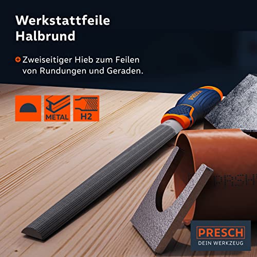 Presch Workshop File Half Round 200 mm – High Quality Half-Round File with Cross Puller H2 for Filing Rounds and Straight Lines in Metal, Wood or Plastic – High-Quality Metal File Workshop file semi-circular
