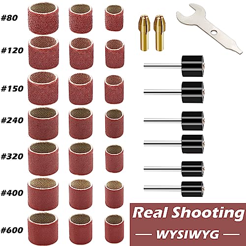 531Pcs Rotary Tool Sanding Drum Bits Kit for Dremel,80/120/240/320/400/600 Grit Each of 28 Pcs, Drum Mandrels 24Pcs-3 diameters (1/2", 3/8", 1/4"),Self-Tightening Drill Chuck 2Pcs,Wrench 1Pcs