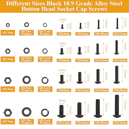 2180 Pieces Black M2 M3 M4 M5 Button Head Socket Cap Screws Nuts Washers Assortment Kit, Metric Screw Assortment with Hex Wrenches, 10.9 Grade Alloy Steel, Fully Threaded M2/M3/M4/M5