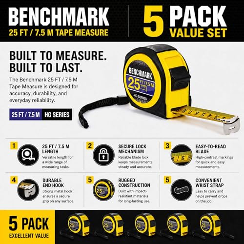 5 Pack - Tape Measures 25ft / 7.5m – Inch & Centimeter Marks. Rugged Outer Shell with Easy Grip Design - High Visibility Steel Tape - Thumb Lock - Autowind - Belt Clip – Retractable Measuring Tape Blue/Yellow 5
