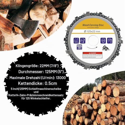 1 piece wooden grinding wheel 125 x 22 mm, 5 inch (125 mm), blade size: 22 mm (7/8 inch); diameter: 125 mm (5 inch); maximum speed (rpm): 13,000; chain thickness: 0.5 cm