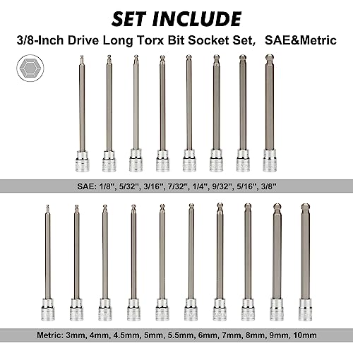CASOMAN 3/8"Drive Extra Long Ball-End Hex Bit Socket Set, 18 Piece Allen Socket Set, Metric & SAE, 3mm to 10mm, 1/8" to 3/8", CR-V and S2 Steel