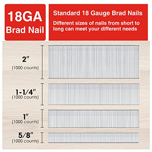 SHALL 18 Gauge Brad Nails, 2”, 1-1/4”, 1”, 5/8 Inch, 4000-Count Galvanized Brad Nails Assorted, 18GA Nail Gun Nails and Small Finishing Nails Assortment for Pneumatic, Electric Brad Nailer Gun
