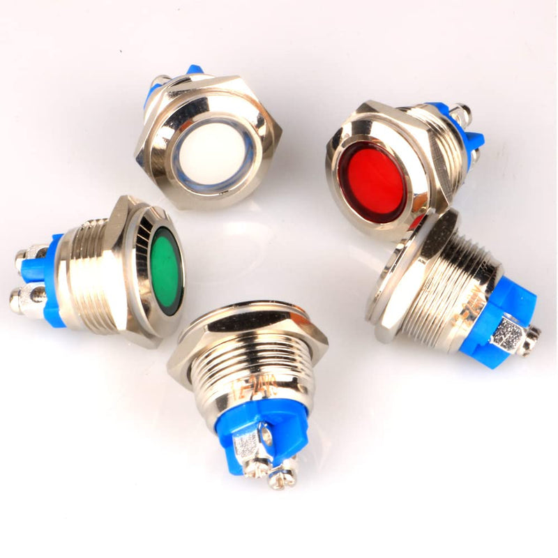 GUUZI 5pcs 12V-24V 16mm LED Metal Indicator Light Waterproof Signal Lamp with Wire(Red/Yellow/Blue/Green/White) Red/Yellow/Blue/Green/White