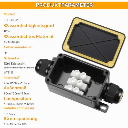 Pack of 6 Junction Box Small Mini Junction Box Waterproof Junction Box Waterproof Small Black 2-Way IP66 Waterproof Junction Box for Garden Outdoor Cable Earth Cable Diameter 3 mm - 6.5 mm Cable Connector Mini 2-Wege