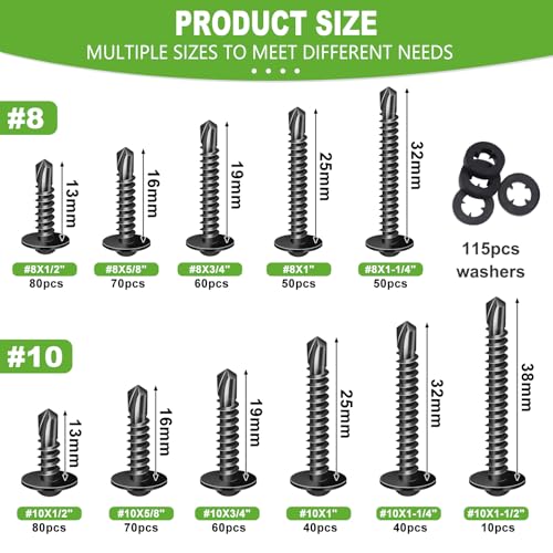 mxuteuk 1220PCS #8#10 Black Self Tapping Screws for Metal,410 Stainless Steel Self Drilling Screws,1/2" to 1-1/2" Truss Head Sheet Metal Screws for Metal,Plastic,Wood (610PCS Sets) BK 1220PCS #8 #10 Kit