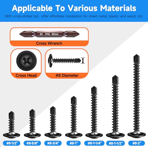300Pcs #8 x 1-1/2" Black Self Tapping Screws for Metal, 410 Stainless Steel, Sheet Metal Screws for Metal, Truss Head High-Strength Quick Tapping #8×1-1/2" 300