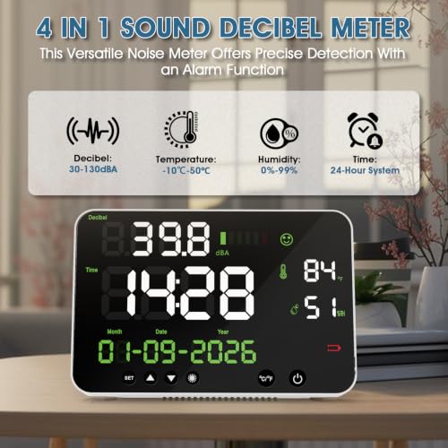 Digital Sound Level Meter 30-130dB with Alarm - Noise Decibel Monitor with Temperature,Humidity, Time, Calendar Display, 8-Level Dimmable, 11inch Screen, Wall Mounted for Classroom, Office, Factory White