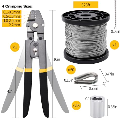 328ft 1/16" Wire Rope Crimping Tool Kit 328ft Wire Rope Set + Crimper